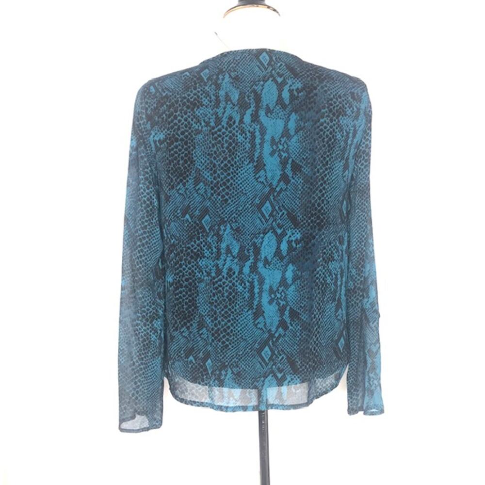 N) Thalia Sodi Sheer Ruffles Snake Print Blouse Top Teal Blue Black size Small - Picture 10 of 10